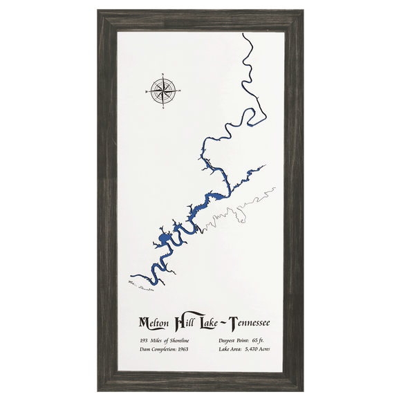 Melton Hill Lake, Tennessee White Washed Wood and Distressed Black Frame Lake Map Silhouette