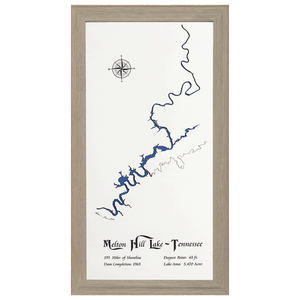 Melton Hill Lake, Tennessee White Washed Wood and Rustic Gray Frame Lake Map Silhouette