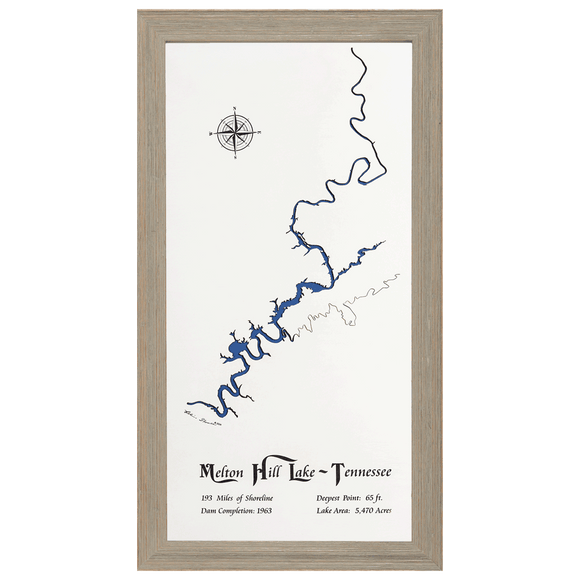 Melton Hill Lake, Tennessee White Washed Wood and Rustic Gray Frame Lake Map Silhouette
