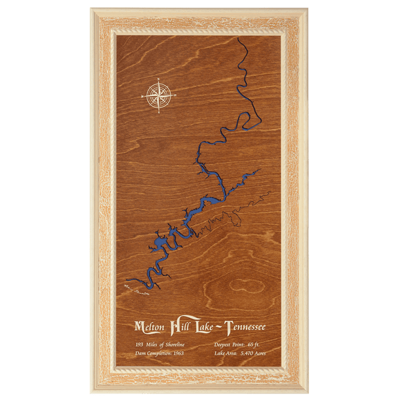 Melton Hill Lake, Tennessee Stained Wood and Distressed White Frame Lake Map Silhouette