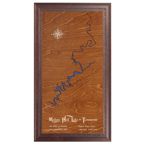 Melton Hill Lake, Tennessee Stained Wood and Dark Walnut Frame Lake Map Silhouette