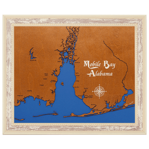 Mobile Bay, Alabama Stained Wood and Distressed White Frame Lake Map Silhouette