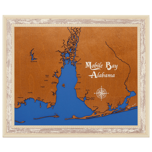 Mobile Bay, Alabama Stained Wood and Distressed White Frame Lake Map Silhouette