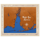 Mobile Bay, Alabama Stained Wood and Distressed White Frame Lake Map Silhouette