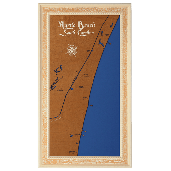 Myrtle Beach, South Carolina Stained Wood and Distressed White Frame Lake Map Silhouette