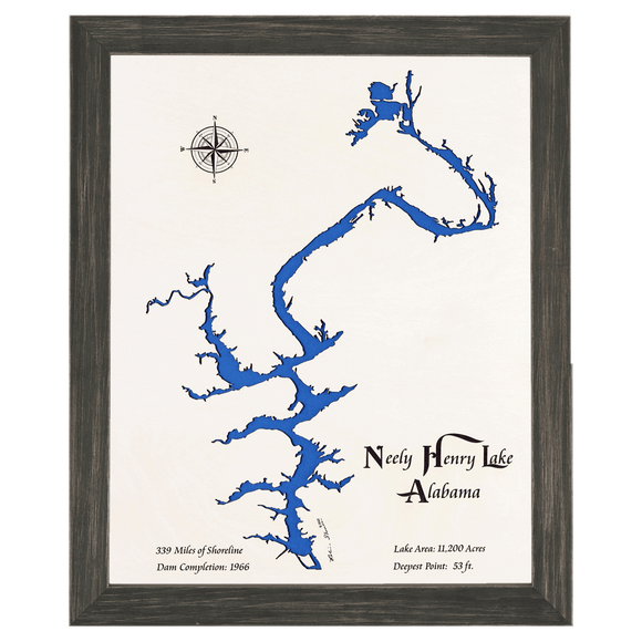 Neely Henry Lake, Alabama White Washed Wood and Distressed Black Frame Lake Map Silhouette