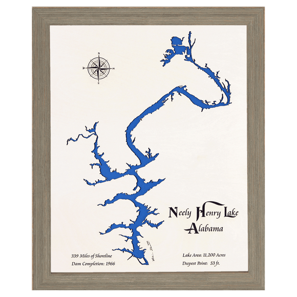 Neely Henry Lake, Alabama White Washed Wood and Rustic Gray Frame Lake Map Silhouette