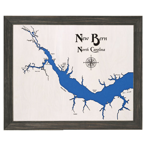 New Bern, North Carolina White Washed Wood and Distressed Black Frame Lake Map Silhouette