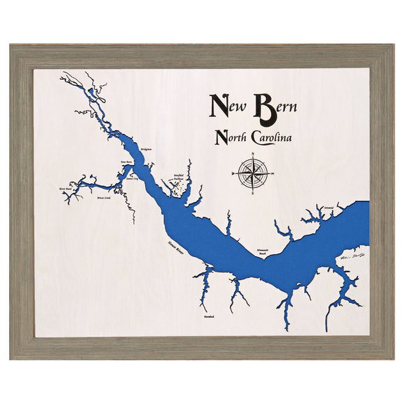 New Bern, North Carolina White Washed Wood and Rustic Gray Frame Lake Map Silhouette