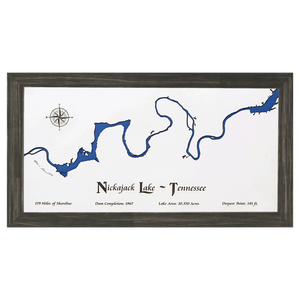 Nickajack Lake, Tennessee White Washed Wood and Distressed Black Frame Lake Map Silhouette