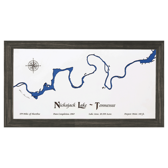 Nickajack Lake, Tennessee White Washed Wood and Distressed Black Frame Lake Map Silhouette