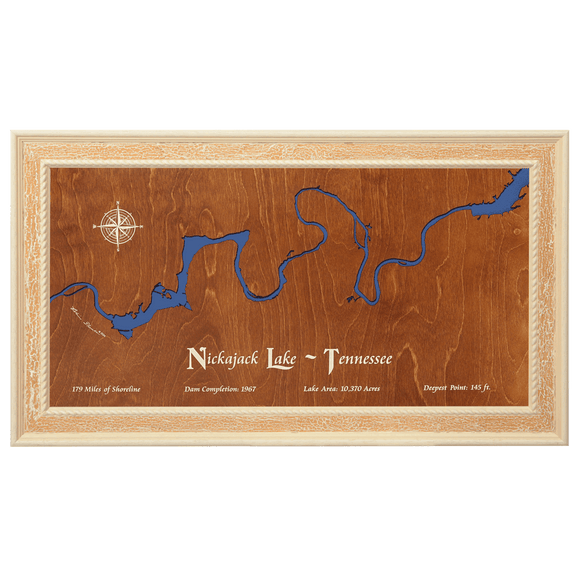 Nickajack Lake, Tennessee Stained Wood and Distressed White Frame Lake Map Silhouette