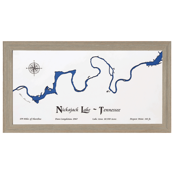 Nickajack Lake, Tennessee White Washed Wood and Rustic Gray Frame Lake Map Silhouette