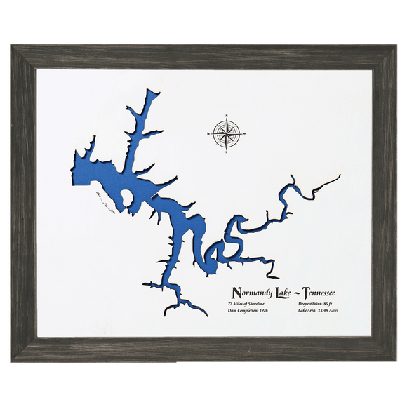 Normandy Lake, Tennessee White Washed Wood and Distressed Black Frame Lake Map Silhouette