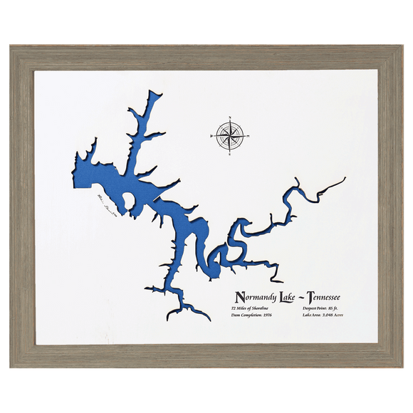 Normandy Lake, Tennessee White Washed Wood and Rustic Gray Frame Lake Map Silhouette
