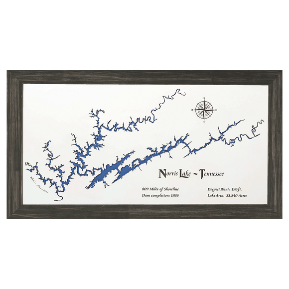Norris Lake, Tennessee White Washed Wood and Distressed Black Frame Lake Map Silhouette