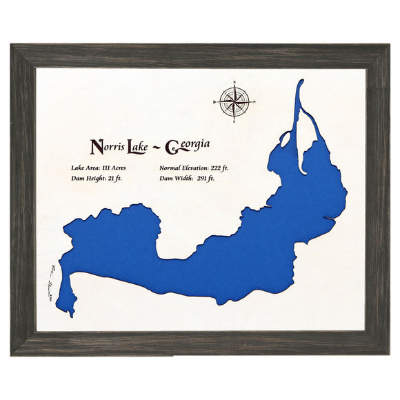 Norris Lake, Georgia White Washed Wood and Distressed Black Frame Lake Map Silhouette