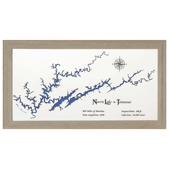 Norris Lake, Tennessee White Washed Wood and Rustic Gray Frame Lake Map Silhouette