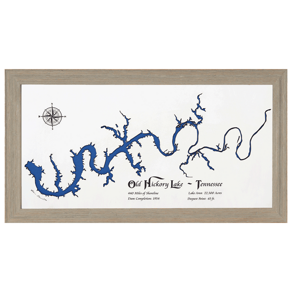 Old Hickory Lake, Tennessee White Washed Wood and Rustic Gray Frame Lake Map Silhouette