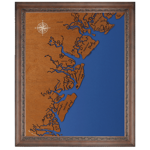 Ossabaw, Wassaw, and Saint Simons, Georgia Stained Wood and Dark Walnut Frame Lake Map Silhouette