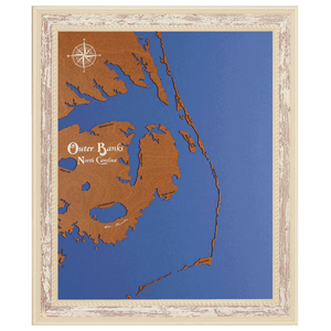 Outer Banks, North Carolina Stained Wood and Distressed White Frame Lake Map Silhouette