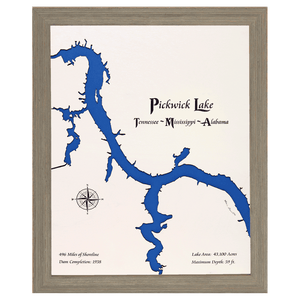 Pickwick Lake, Tennessee - Mississippi - Alabama White Washed Wood and Rustic Gray Frame Lake Map Silhouette