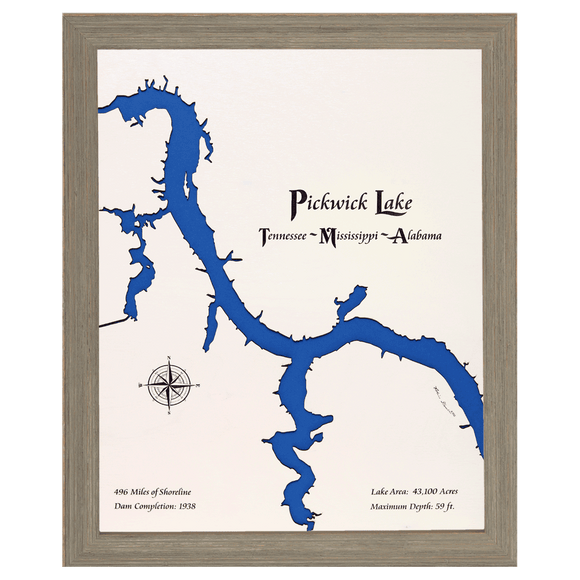 Pickwick Lake, Tennessee - Mississippi - Alabama White Washed Wood and Rustic Gray Frame Lake Map Silhouette