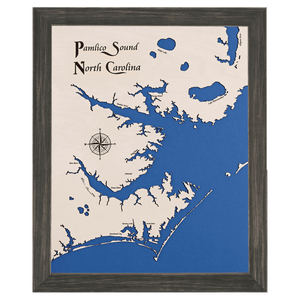 Pamlico Sound, North Carolina White Washed Wood and Distressed Black Frame Lake Map Silhouette