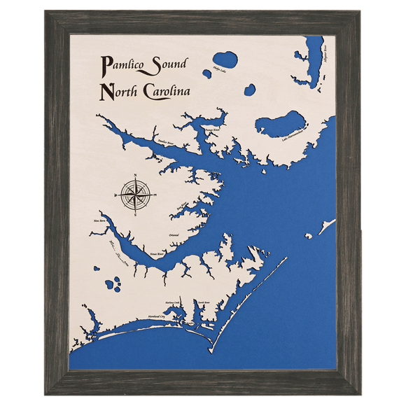 Pamlico Sound, North Carolina White Washed Wood and Distressed Black Frame Lake Map Silhouette