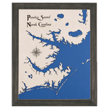 Pamlico Sound, North Carolina White Washed Wood and Distressed Black Frame Lake Map Silhouette