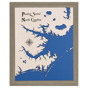 Pamlico Sound, North Carolina White Washed Wood and Rustic Gray Frame Lake Map Silhouette