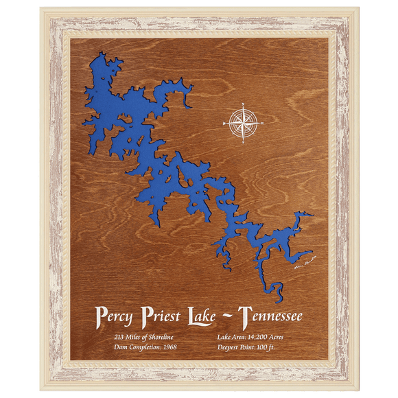 Percy Priest Lake, Tennessee Stained Wood and Distressed White Frame Lake Map Silhouette
