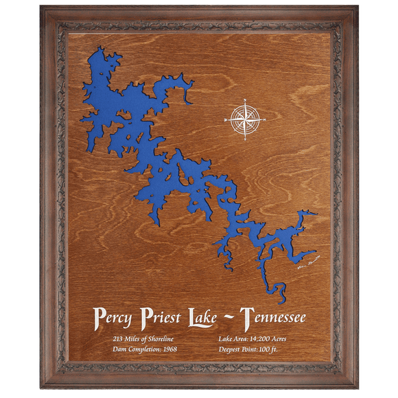 Percy Priest Lake, Tennessee Stained Wood and Dark Walnut Frame Lake Map Silhouette