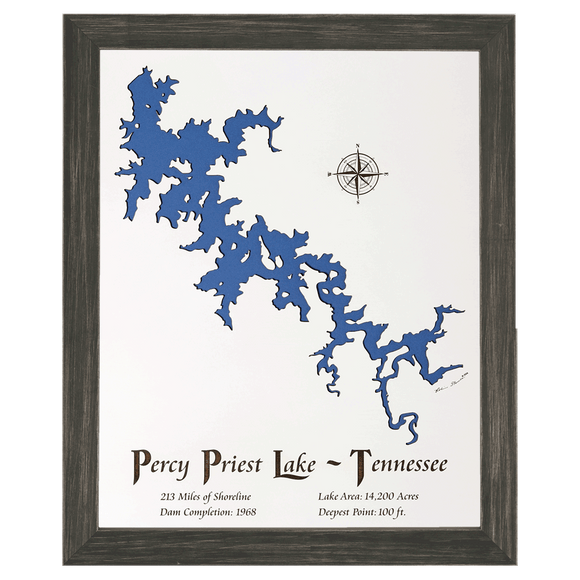Percy Priest Lake, Tennessee White Washed Wood and Distressed Black Frame Lake Map Silhouette