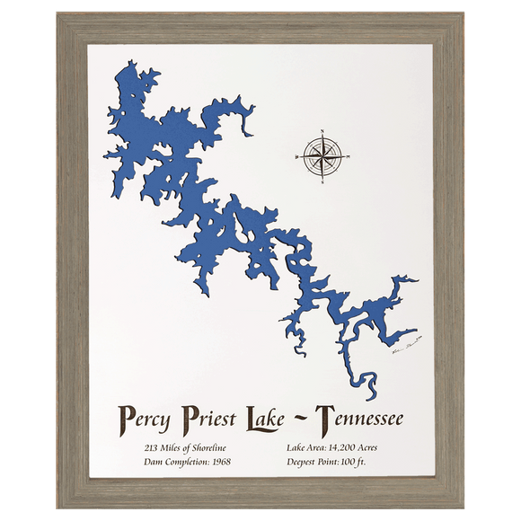 Percy Priest Lake, Tennessee White Washed Wood and Rustic Gray Frame Lake Map Silhouette