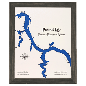 Pickwick Lake, Tennessee - Mississippi - Alabama White Washed Wood and Distressed Black Frame Lake Map Silhouette