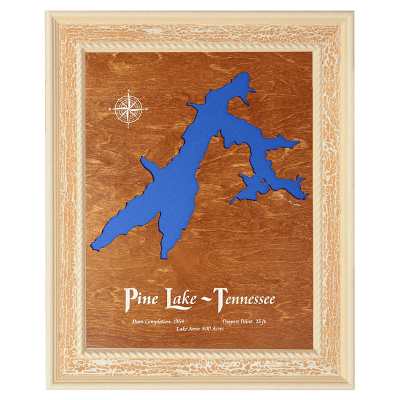 Pine Lake, Tennessee Stained Wood and Distressed White Frame Lake Map Silhouette