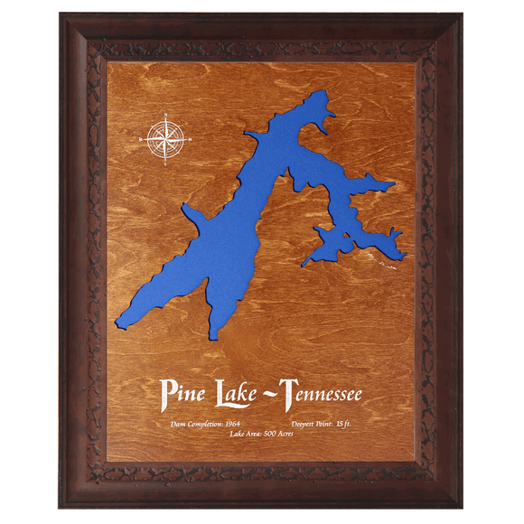 Pine Lake, Tennessee Stained Wood and Dark Walnut Frame Lake Map Silhouette