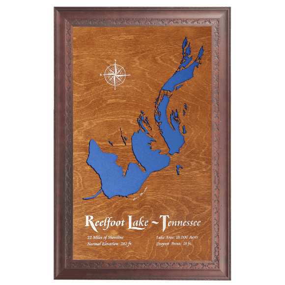 Reelfoot Lake, Tennessee Stained Wood and Dark Walnut Frame Lake Map Silhouette