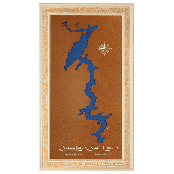 Saluda Lake, South Carolina Stained Wood and Distressed White Frame Lake Map Silhouette