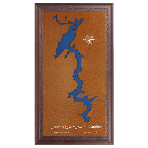 Saluda Lake, South Carolina Stained Wood and Dark Walnut Frame Lake Map Silhouette