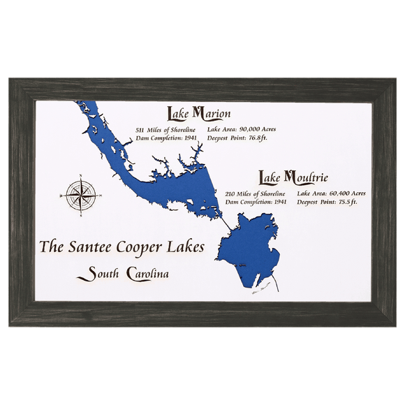 Santee Cooper Lakes, South Carolina White Washed Wood and Distressed Black Frame Lake Map Silhouette