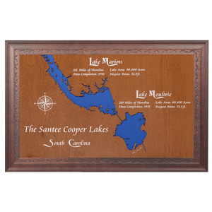 Santee Cooper Lakes, South Carolina Stained Wood and Dark Walnut Frame Lake Map Silhouette