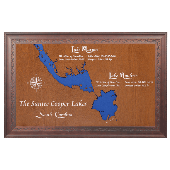 Santee Cooper Lakes, South Carolina Stained Wood and Dark Walnut Frame Lake Map Silhouette