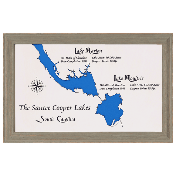 Santee Cooper Lakes, South Carolina White Washed Wood and Rustic Gray Frame Lake Map Silhouette