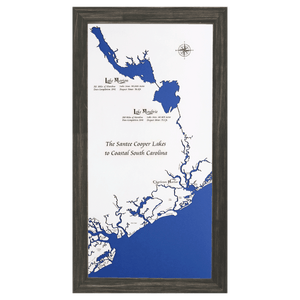 Santee Cooper Lakes to Charleston Harbor, South Carolina White Washed Wood and Distressed Black Frame Map Silhouette