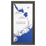 Santee Cooper Lakes to Charleston Harbor, South Carolina White Washed Wood and Distressed Black Frame Map Silhouette