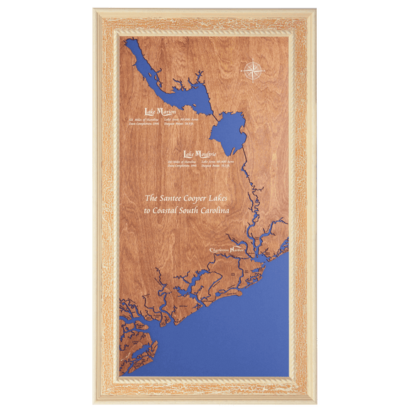 Santee Cooper Lakes to Charleston Harbor, South Carolina Stained Wood and Distressed White Frame Map Silhouette