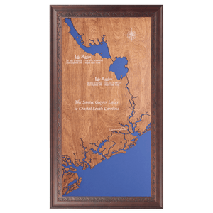 Santee Cooper Lakes to Charleston Harbor, South Carolina Stained Wood and Dark Walnut Frame Map Silhouette