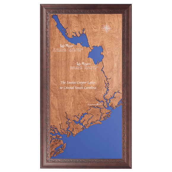 Santee Cooper Lakes to Charleston Harbor, South Carolina Stained Wood and Dark Walnut Frame Map Silhouette